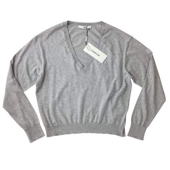 THAKOON Size XL NWT V-neck Sweater LH Light Heather Gray Lightweight Pullover - Picture 3 of 10